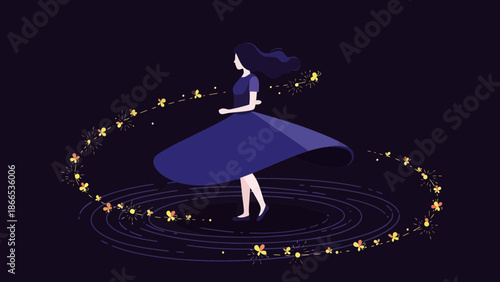 Elegant Woman Dancing Under The Night Sky Surrounded By Magical Light