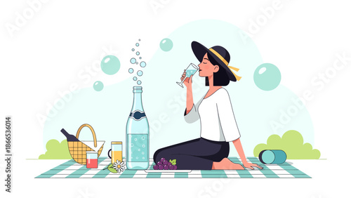 Elegant Woman Enjoying Sparkling Water at a Relaxing Summer Picnic Outdoor