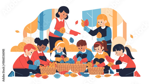 Elementary School Kids Collect Autumn Leaves With Teacher In The School Yard