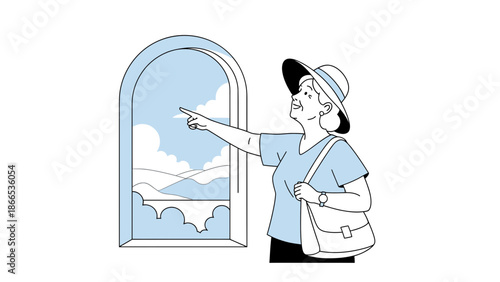 Elegant Woman Points at Distant Vista Through Arched Window on Sunny Day