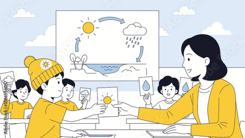 Elementary School Teacher Explaining The Water Cycle To Students In A Classroom Setting