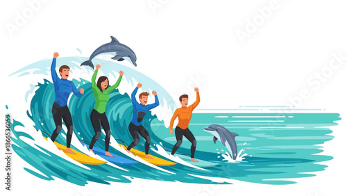 Enthusiastic Surfers Celebrating with Dolphins in a Vibrant Ocean Wave