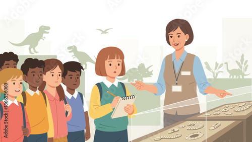 Enthusiastic Students Exploring Ancient Fossils And Dinosaur Exhibits On Educational Museum Tour