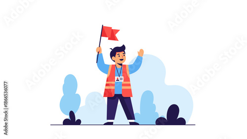 Enthusiastic Tourist Guide Waving A Flag Welcoming Travelers Isolated On White