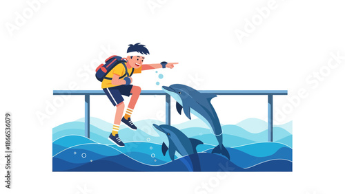 Enthusiastic Tourist Spotting Dolphins During Ocean Voyage With Joyful Expression