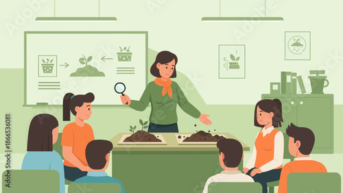 Enthusiastic Teacher Explaining Plant Growth Cycle to Elementary School Students