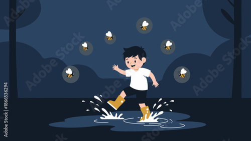 Enchanted Night Adventure Boy Playing In Puddle With Glowing Fireflies Illustration