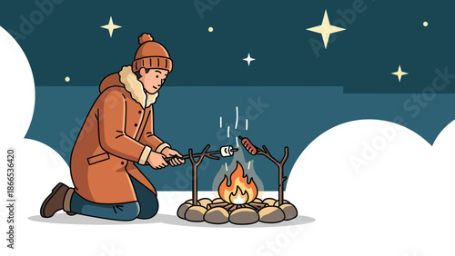 Evening Campfire Scene With Person Roasting Marshmallows Under Starry Sky