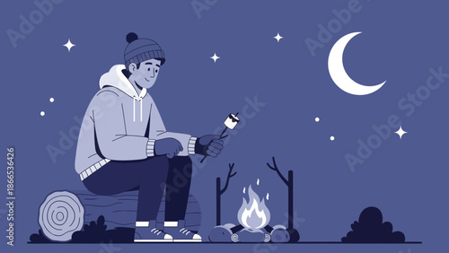 Evening Campfire Stories Man Roasting Marshmallow Under The Crescent Moon