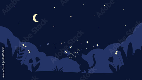 Enchanting Night A Feline Pursues Fireflies Under Crescent Moon And Starry Sky