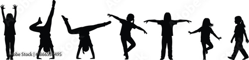 Silhouettes of active children performing various gymnastic movements including handstands cartwheels and playful poses for youth fitness and childhood energy concepts