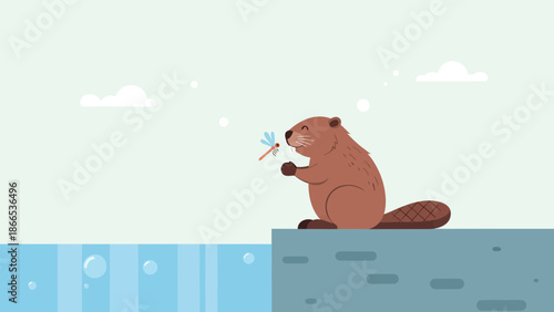 Enchanting Riverbank Scene Featuring Friendly Beaver And Delicate Dragonfly Encounter