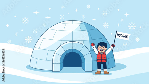 Excited Boy Near Igloo Waving Flag Celebrating Winter Season Adventures