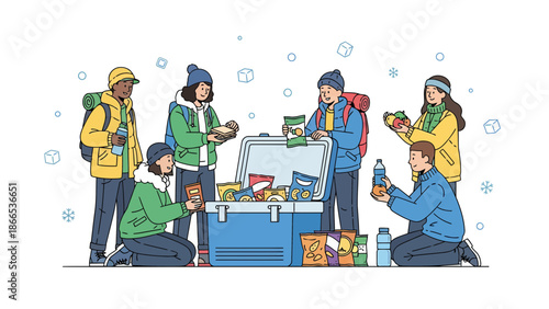 Energetic Hikers Stocking Up Cooler With Snacks And Drinks For Winter Adventure