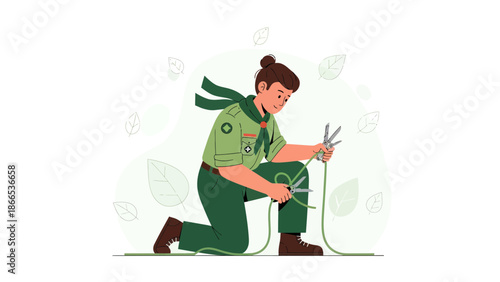 Engaged Scout Prepares Rope Using Multi Tool For Outdoor Adventure Projects