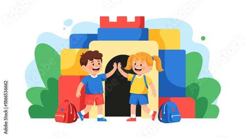 Excited Children Give High Five In Front Of A Building Blocks Castle Illustration