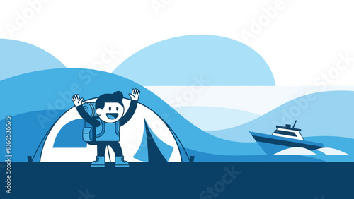 Excited Hiker Next To Tent On Seaside Adventure Illustration