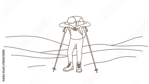 Exhausted Hiker Taking A Break Leaning On Hiking Poles In Mountainous Terrain
