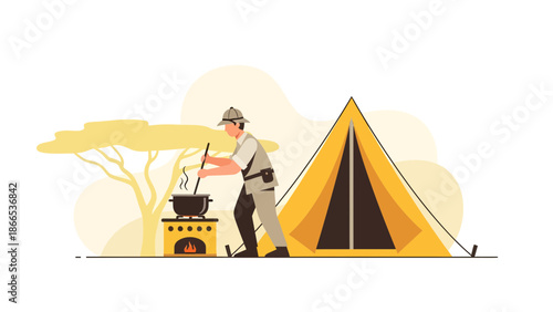 Expedition Cooking In The Wilderness With Tent Vector Illustration
