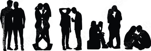 Silhouettes of couples in various emotional poses including hugging sitting standing and talking for romantic relationship and human connection concepts