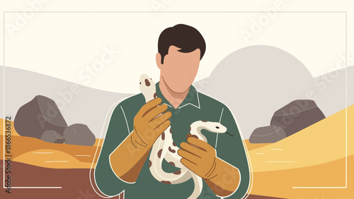 Experienced Herpetologist Holding Two Snakes In Desert Wildlife Encounter Theme