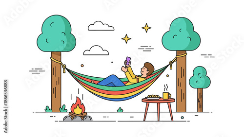 Enjoying A Relaxing Vacation Outdoors In A Hammock With Fire And Mobile Phone