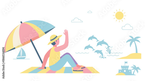 Enjoying A Sunny Day On The Beach With Dolphins Minimalist Illustration