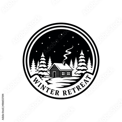 A serene winter retreat scene with a cozy cabin surrounded by snow-covered trees under a starry night sky.
