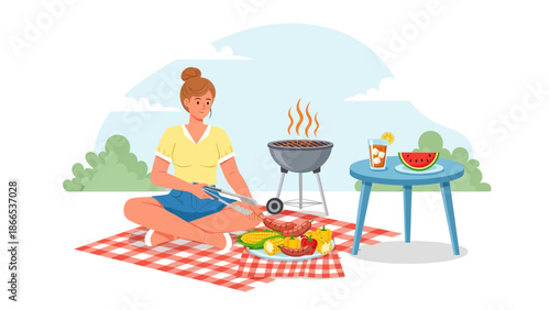 Enjoying Outdoor Grilled Food With Picnic On Summer Holiday Vacation Day