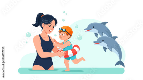 Enjoying Summer Holiday With Mother And Dolphins In Aquatic Theme