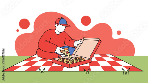 Enjoying Pizza Picnic Flat Design Illustration On Red And White Checkered Blanket