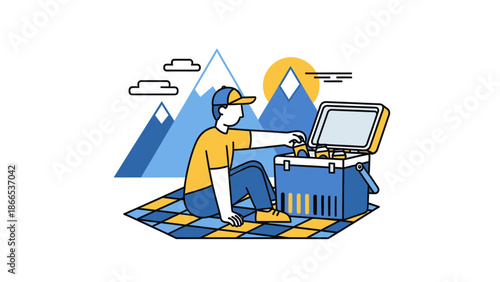 Enjoying Scenic Picnic Amidst Mountains On Checkered Blanket And Cooler Box