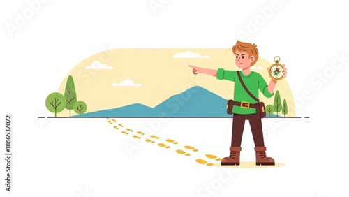 Explorer Boy Holds Compass And Shows The Way To His Adventure Destination
