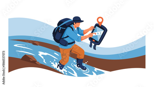 Explorer Crosses River Using Digital Map For Orienteering Adventure In Nature
