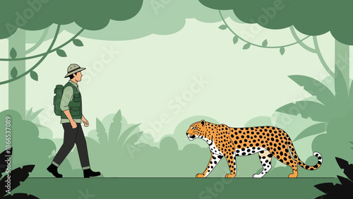 Explorer Encounters A Leopard In The Forest On Adventure Illustration