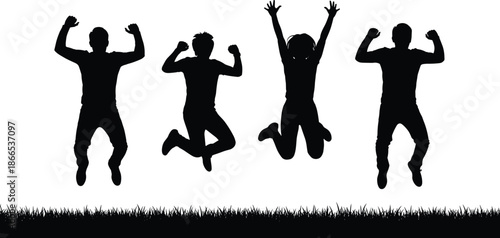 Silhouettes of group of friends jumping in joy over grass, happy people celebrating success and freedom, energy and youth concept,