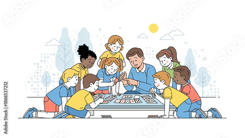 Enthusiastic Children Gathered Around Playing Card Games Together Outdoors