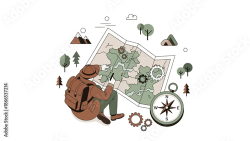 Explorer Orienting Himself With a Map During A Trekking Adventure