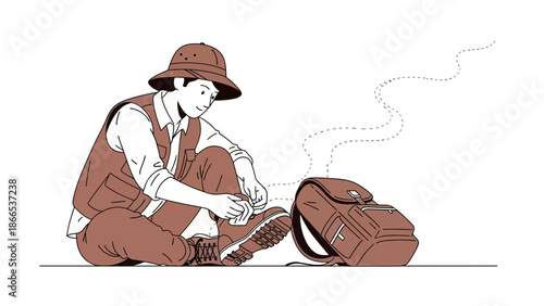 Explorer Preparing For Journey Illustration With Backpack And Dotted Path