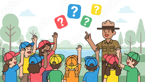 Enthusiastic Children Listen to a Park Ranger's Nature Questions and Explanation
