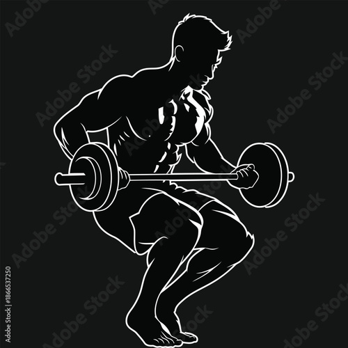 Muscular man lifting barbell weight training silhouette illustration
