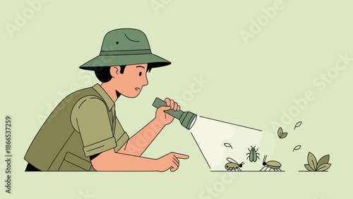 Enthusiastic Entomologist Observing Bugs At Night With A Flashlight Illustration