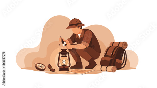 Explorer Preparing His Equipment For A New Expedition Adventure Illustration