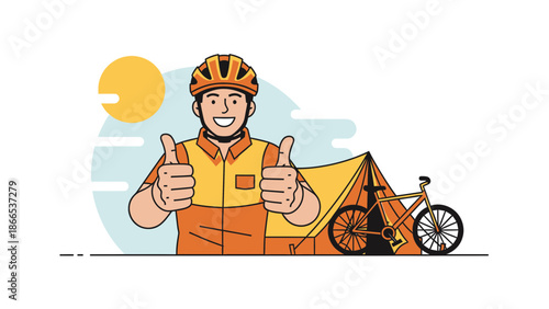 Enthusiastic Cyclist Gives Thumbs Up Near Tent and Bicycle Adventure Awaits