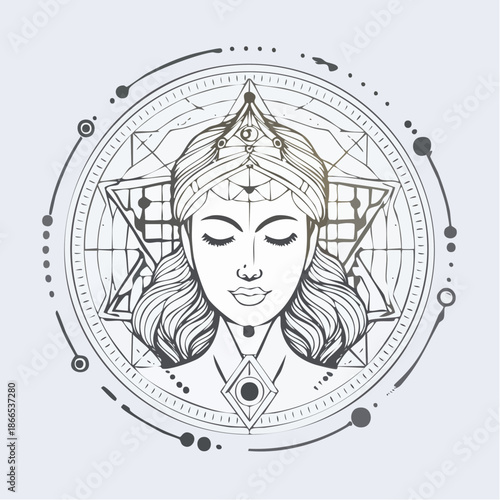 Mystical woman with geometric patterns, evokes spirituality and inner peace