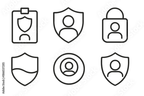 Cyber Protection Icons. Line vector icons of cyber-protection identity badge: shield emblem, user outline, lock-arc hint,
