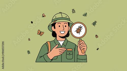 Enthusiastic Entomologist With Magnifying Glass Surrounded By Various Drawn Insects