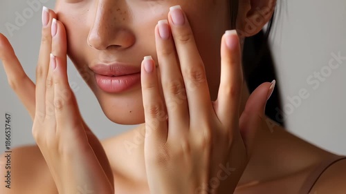 Beautiful Asian woman with freckles gently touching her natural skin in a cinematic close-up, illustrating skincare and facial wellness concepts.