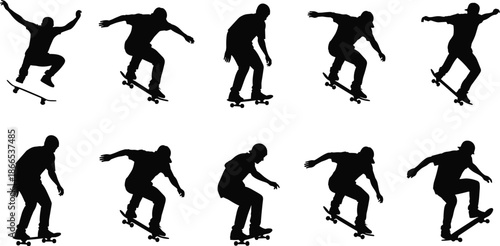 skateboarder silhouette, ollie trick sequence, extreme sport motion, urban street culture, skateboarding action frames, black shadow athlete, isolated background