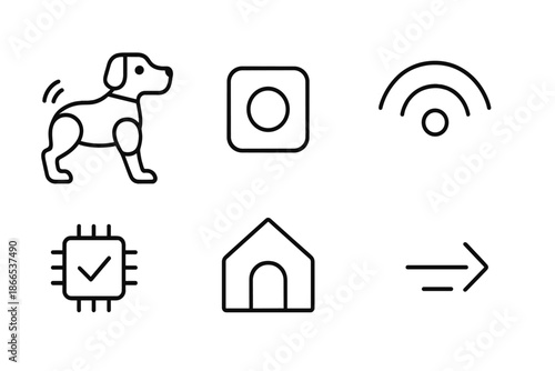 Robot Dog Icons. Line vector icons of a robot dog home assistant: robotic dog outline, sensor node, wag-wave arc, task chip, home